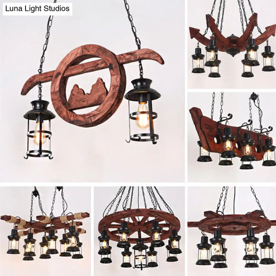 Farmhouse Brown Lantern Pendant Lamp With Clear Glass And Multiple Wood Arm Designs - Island Light