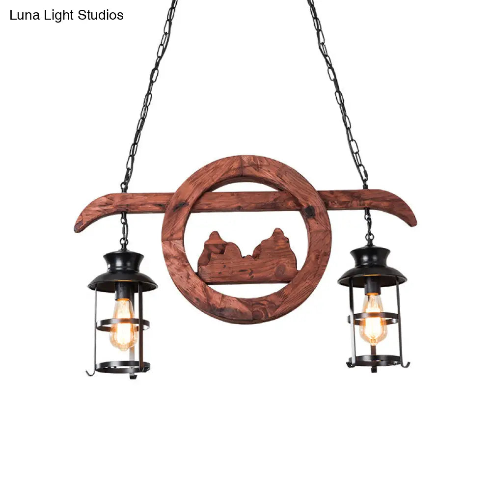 Farmhouse Brown Lantern Pendant Lamp With Clear Glass And Multiple Wood Arm Designs - Island Light