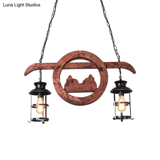 Farmhouse Brown Lantern Pendant Lamp With Clear Glass And Multiple Wood Arm Designs - Island Light