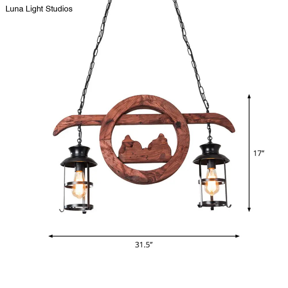 Farmhouse Brown Lantern Pendant Lamp With Clear Glass And Multiple Wood Arm Designs - Island Light