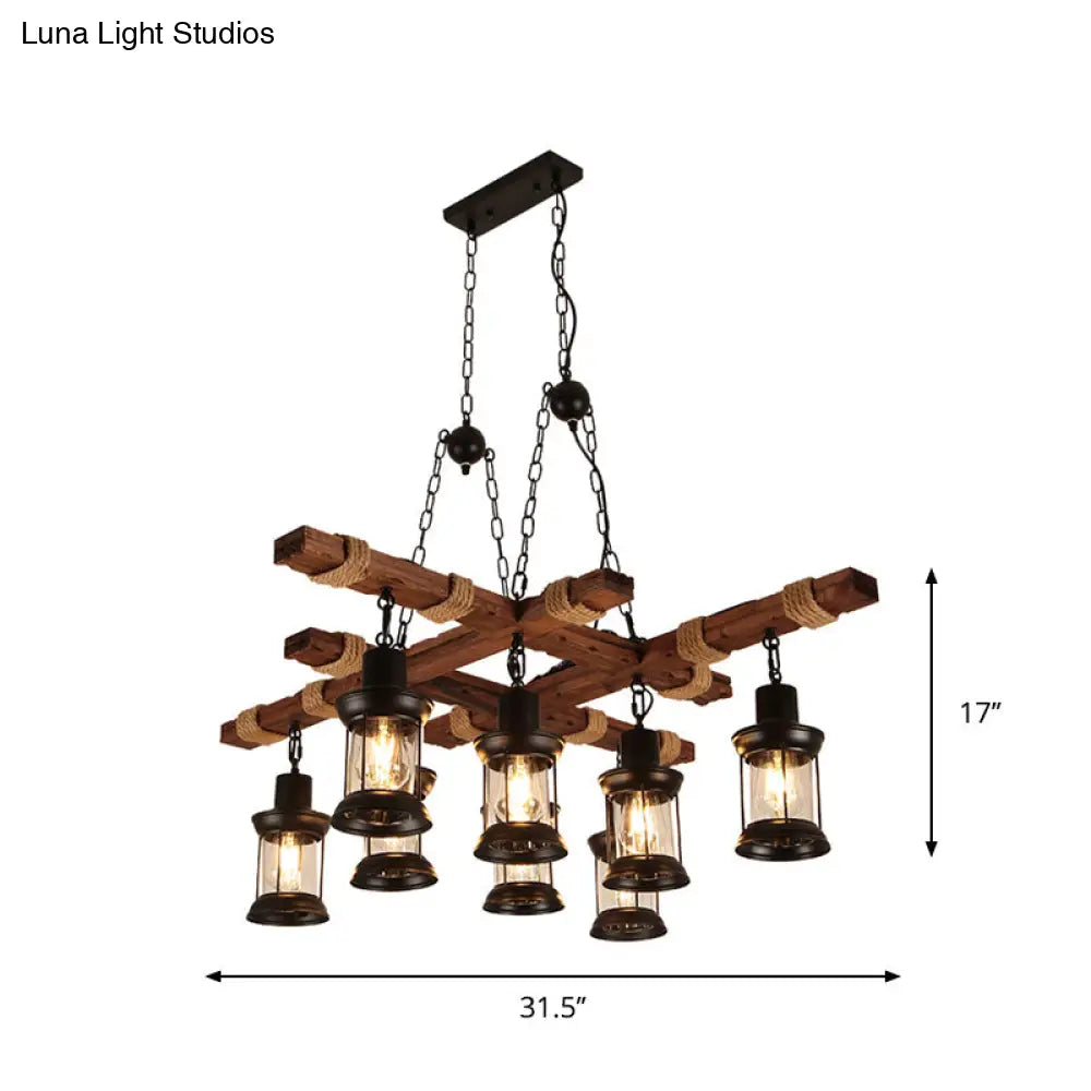 Farmhouse Brown Lantern Pendant Lamp With Clear Glass And Multiple Wood Arm Designs - Island Light