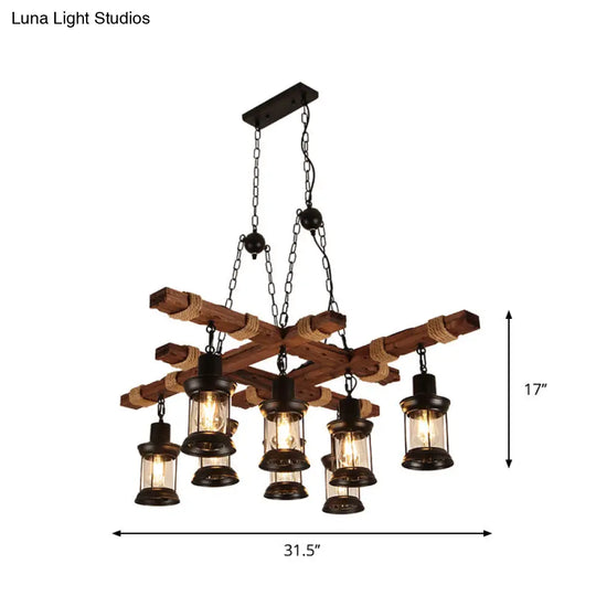 Farmhouse Brown Lantern Pendant Lamp With Clear Glass And Multiple Wood Arm Designs - Island Light