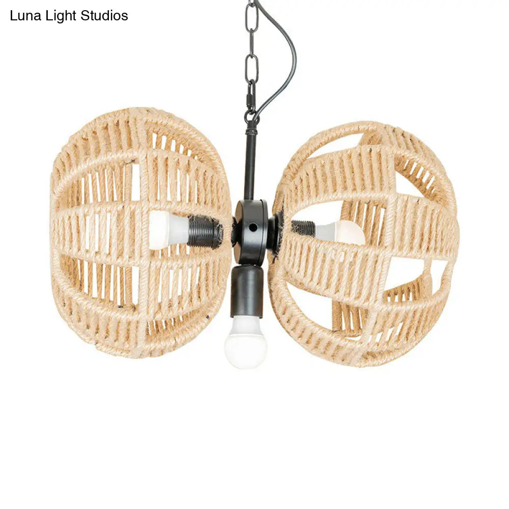 Farmhouse Brown Rope Chandelier Lamp - 3-Light Double Melon Suspension Pendant