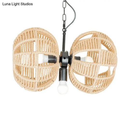 Farmhouse Brown Rope Chandelier Lamp - 3-Light Double Melon Suspension Pendant