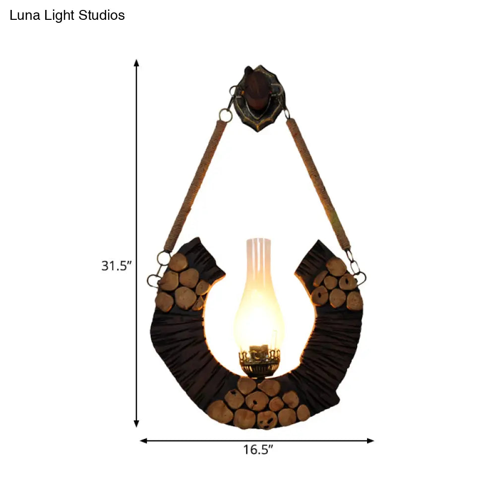 Farmhouse Brown Vase Sconce Lamp With Curved Wood Design And Clear Glass Wall Mount