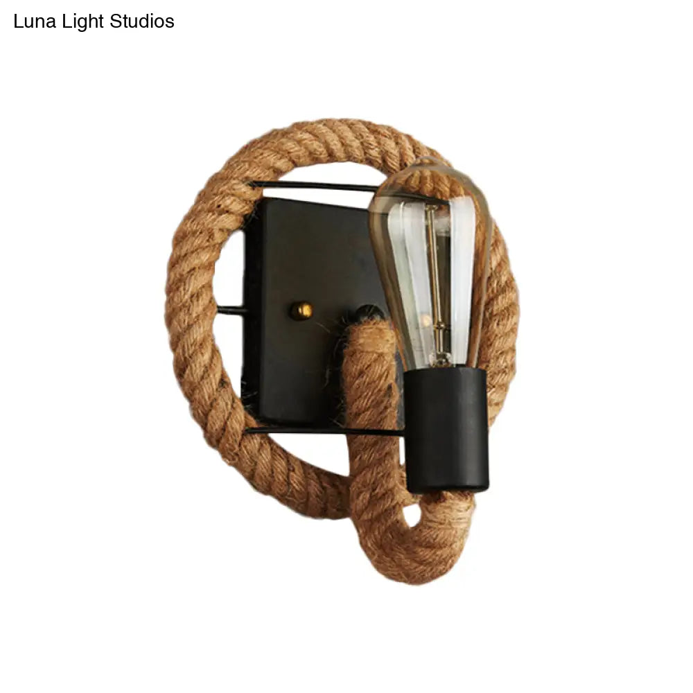 Farmhouse Brown Wall Lamp With Rope Wrap - Oval/Round Dining Room Light