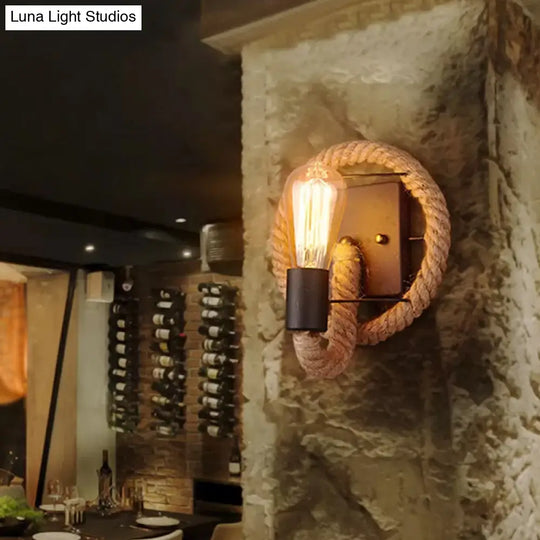 Farmhouse Brown Wall Lamp With Rope Wrap - Oval/Round Dining Room Light