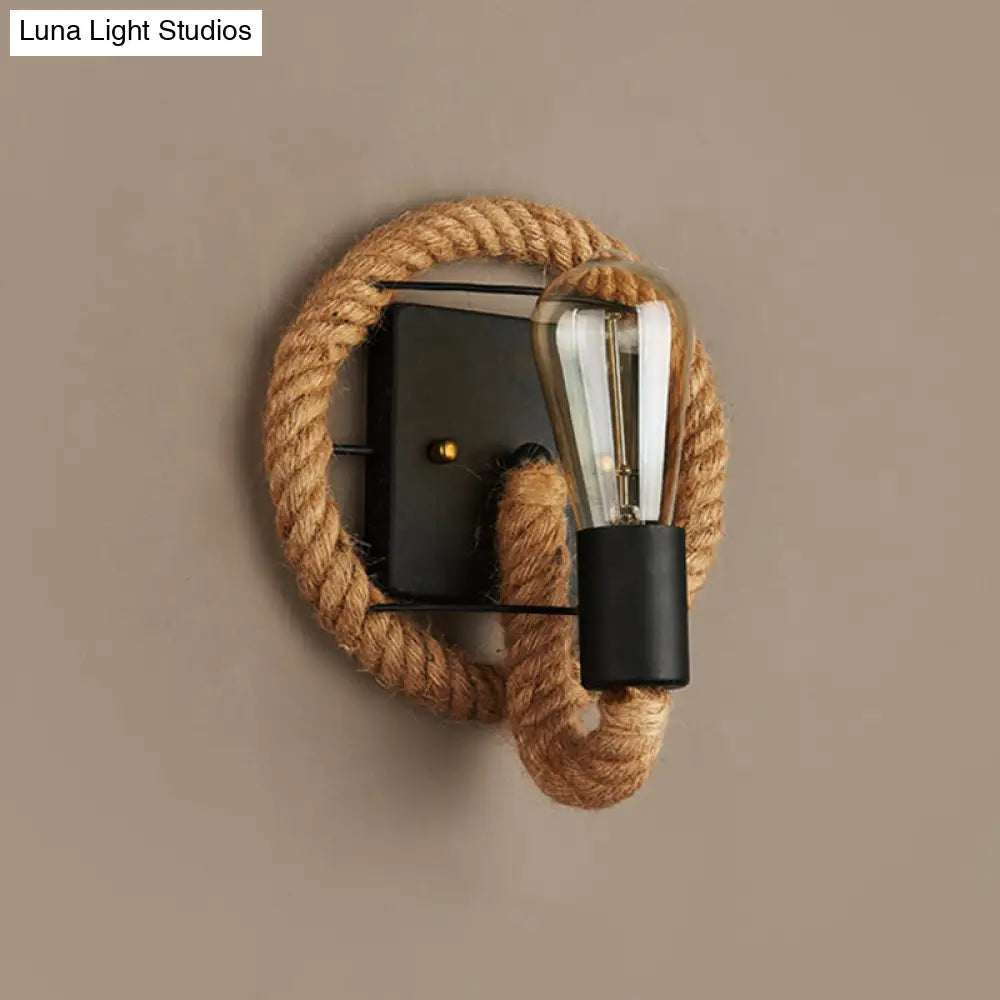 Farmhouse Brown Wall Lamp With Rope Wrap - Oval/Round Dining Room Light