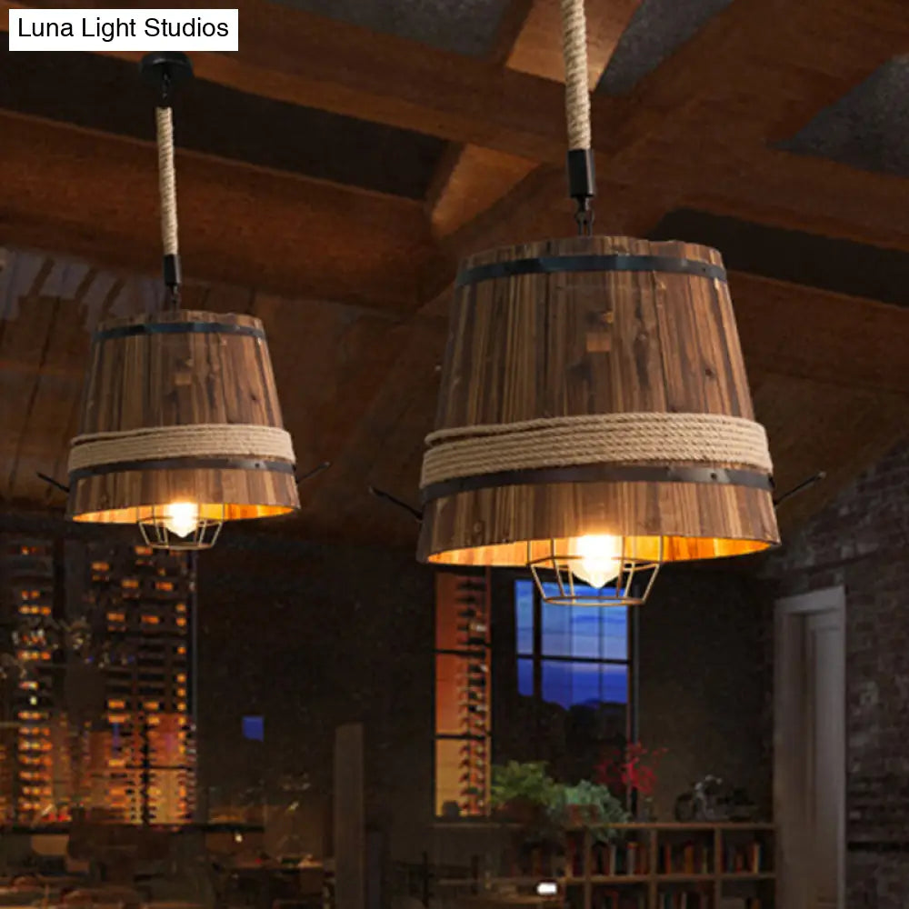 Farmhouse Bucket Shade Pendant Light With Wood Suspension And Rope Rod - 1-Light Fixture