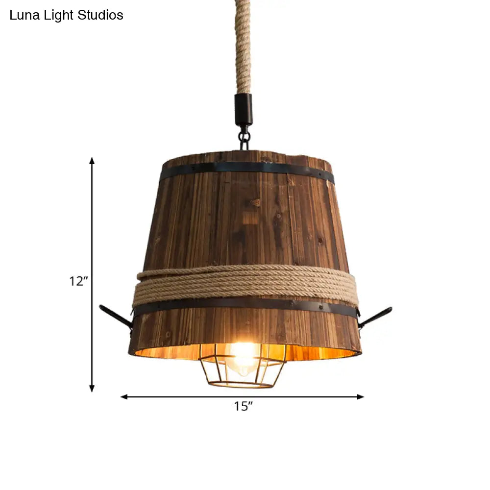 Farmhouse Bucket Shade Wood Pendant Light With Rope Rod - 1-Light Suspension Lamp