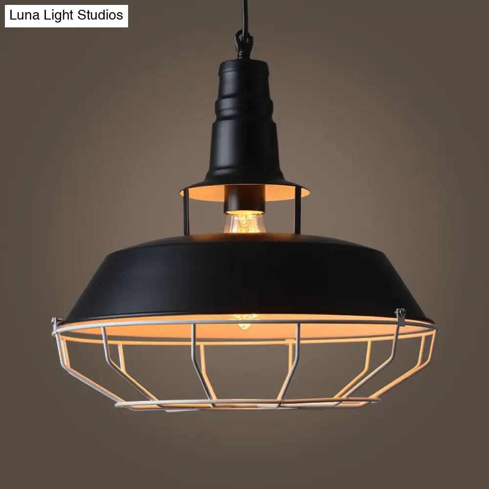 Farmhouse Cage Pendant Lamp: Black Barn Hanging Light With Metallic Finish For Restaurants