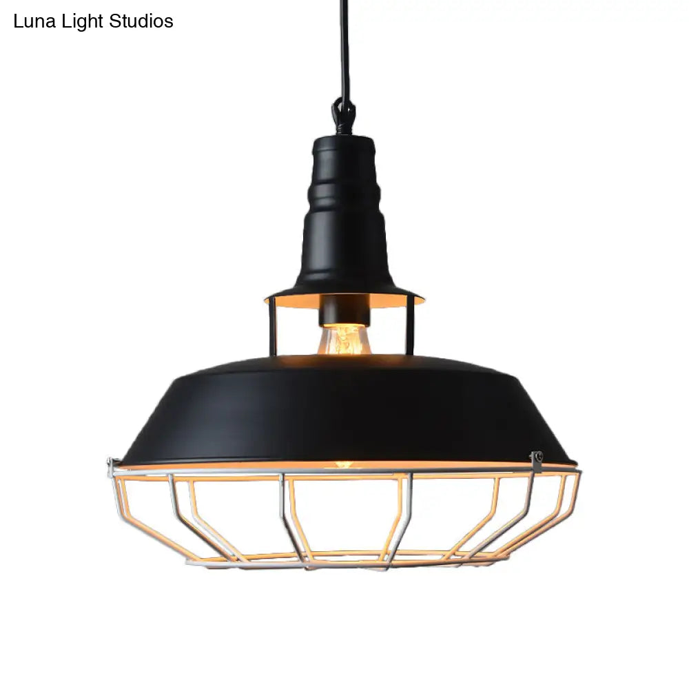 Farmhouse Cage Pendant Lamp: Black Barn Hanging Light With Metallic Finish For Restaurants