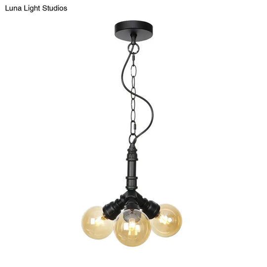 Sleek Black Sphere Glass Ceiling Chandelier Farmhouse Light Fixture With Amber/Clear Perfect For