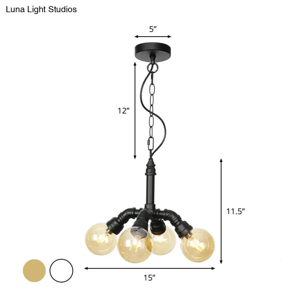 Sleek Black Sphere Glass Ceiling Chandelier Farmhouse Light Fixture With Amber/Clear Perfect For