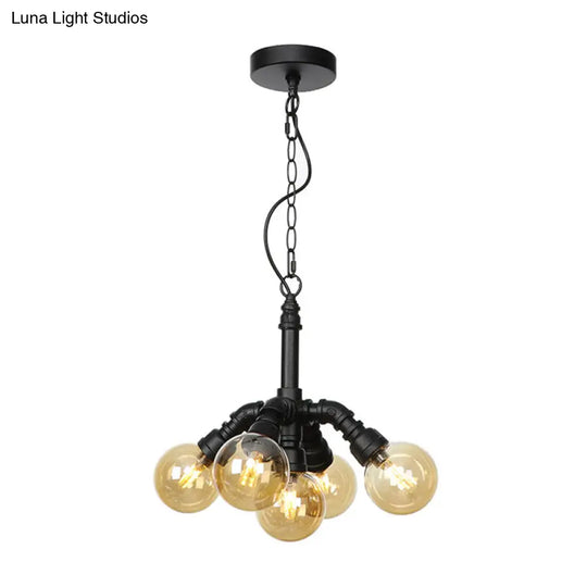 Sleek Black Sphere Glass Ceiling Chandelier Farmhouse Light Fixture With Amber/Clear Perfect For