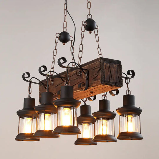 Farmhouse Ceiling Pendant Light - Clear Glass & Brown Island Lamp Lantern With Wood Block Top 6