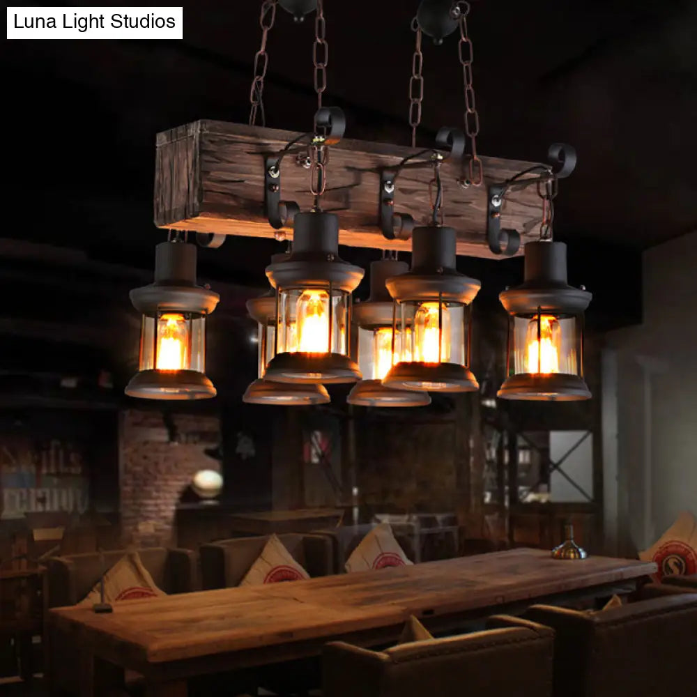 Farmhouse Ceiling Pendant Light - Clear Glass & Brown Island Lamp Lantern With Wood Block Top 6