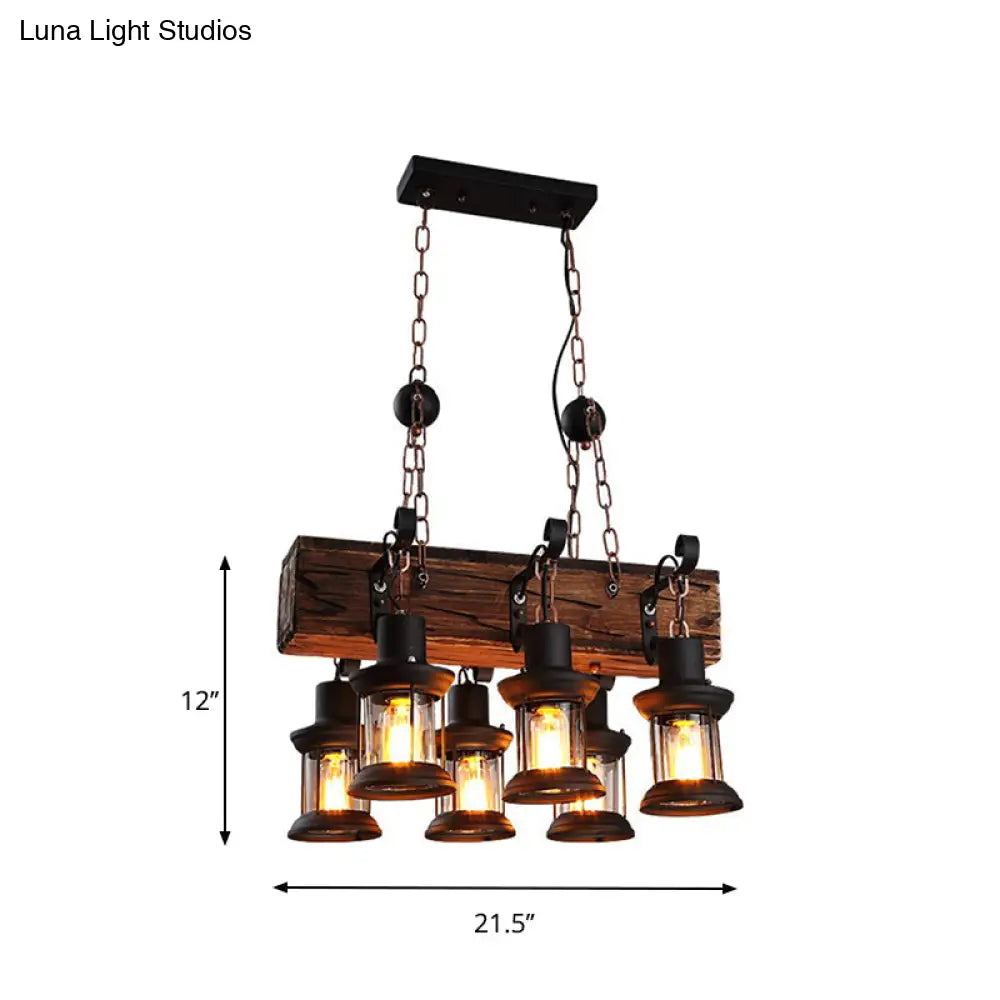 Farmhouse Ceiling Pendant Light - Clear Glass & Brown Island Lamp Lantern With Wood Block Top 6