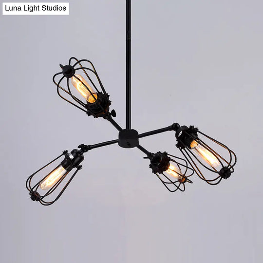 Farmhouse Chandelier Lamp: 4-Head Metal Hanging Light In Chrome/Black Finish