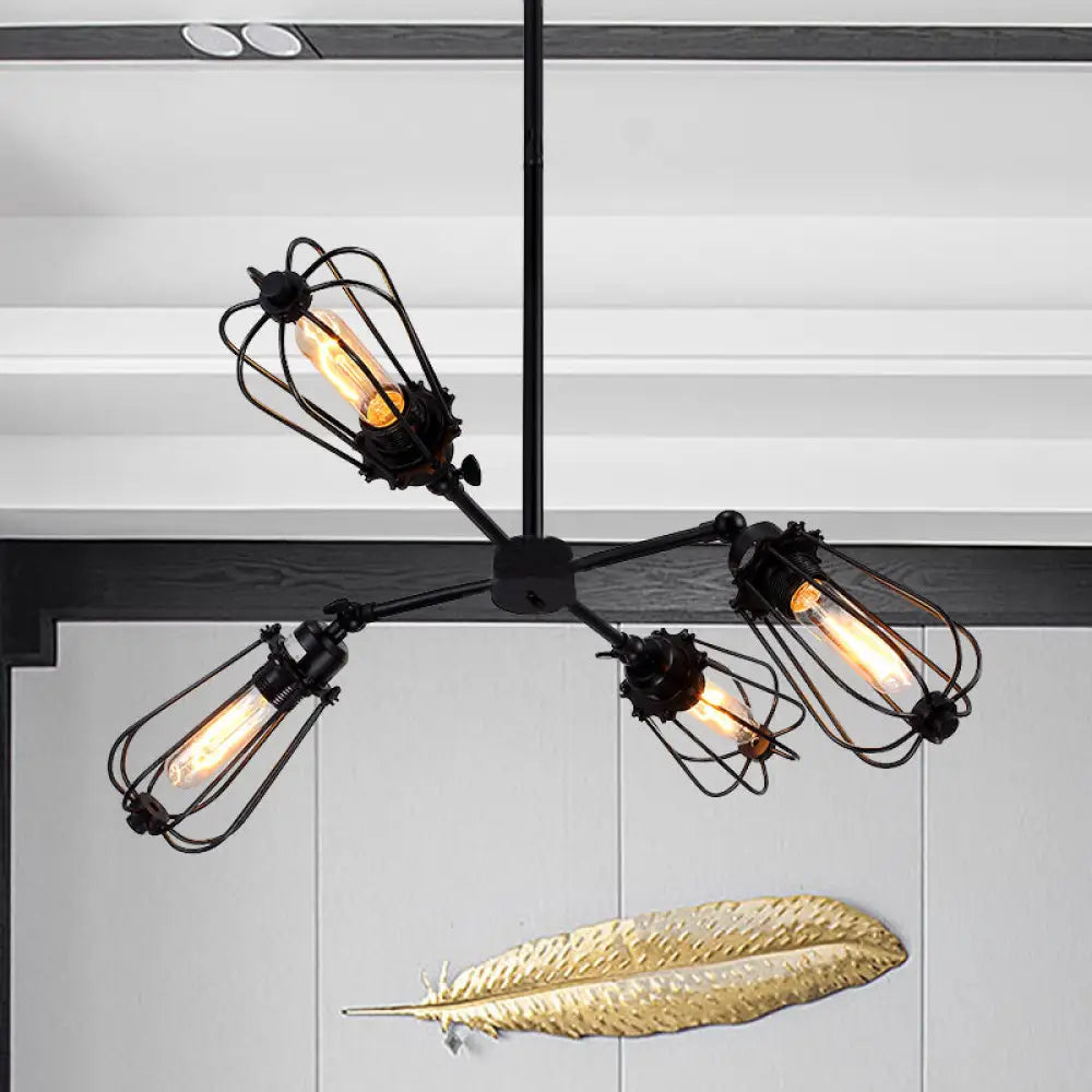 Farmhouse Chandelier Lamp: 4-Head Metal Hanging Light In Chrome/Black Finish Black