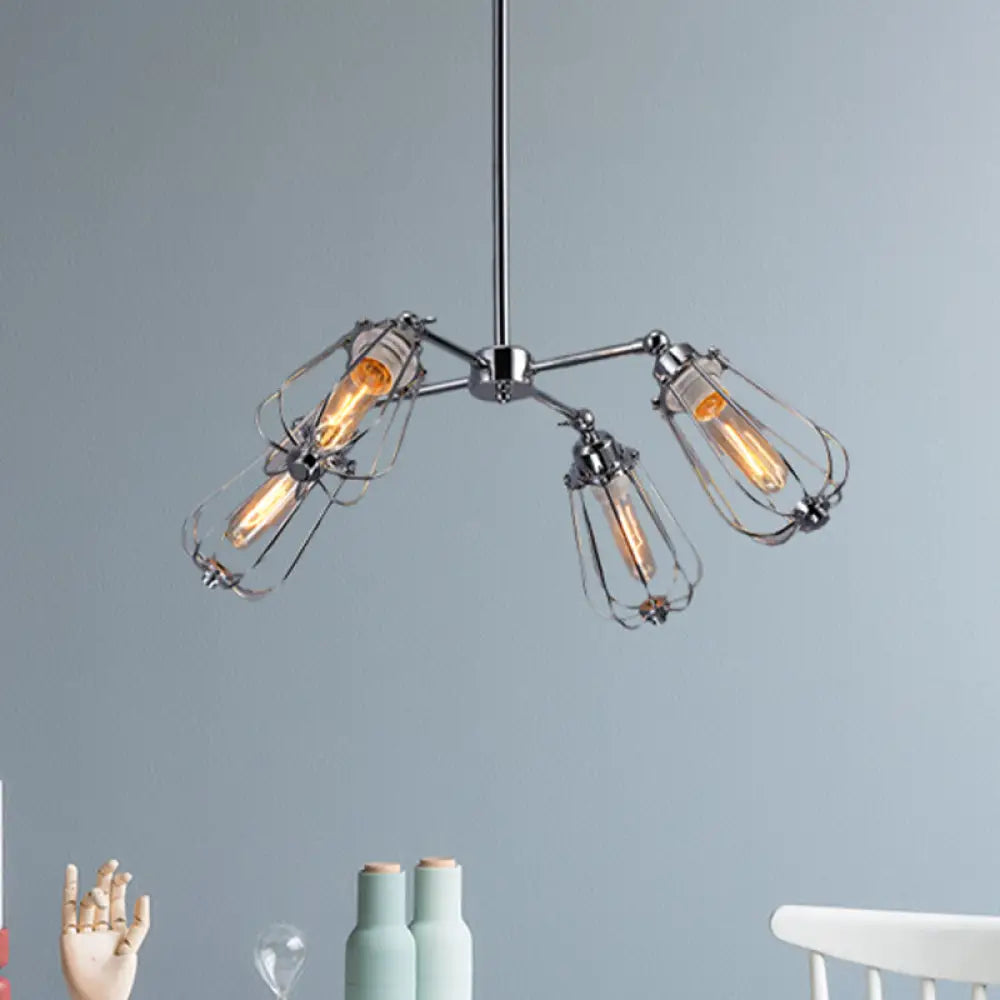 Farmhouse Chandelier Lamp: 4-Head Metal Hanging Light In Chrome/Black Finish Chrome