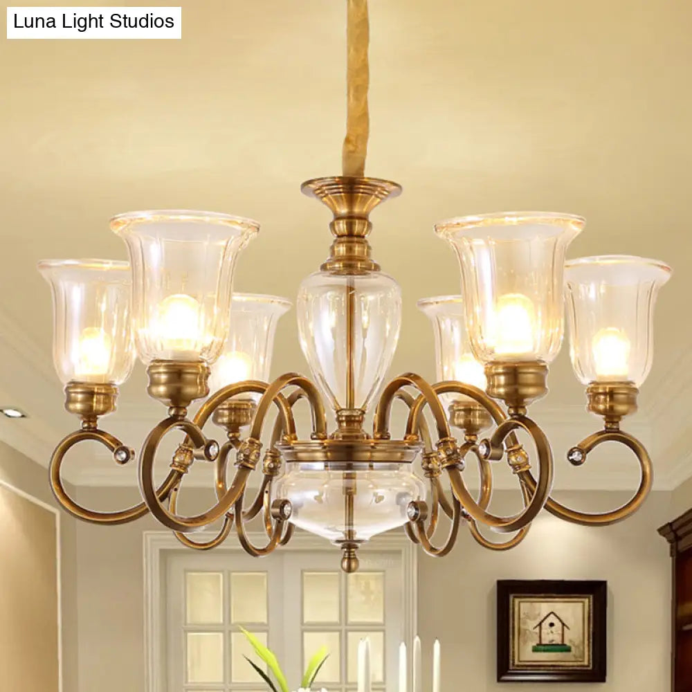 Farmhouse Chandelier Lamp: Bell Clear Glass Brass Suspension Lighting With Metal Arm - 3/6/8 Lights