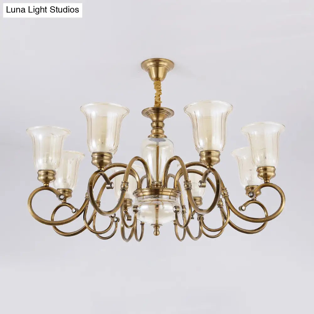 Farmhouse Chandelier Lamp: Bell Clear Glass Brass Suspension Lighting With Metal Arm - 3/6/8 Lights