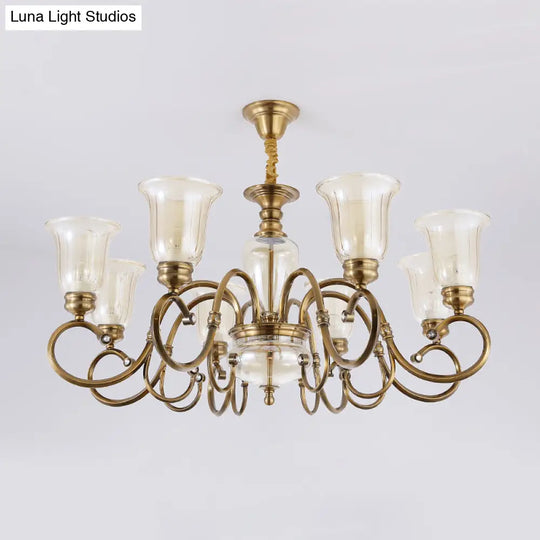 Farmhouse Chandelier Lamp: Bell Clear Glass Brass Suspension Lighting With Metal Arm - 3/6/8 Lights