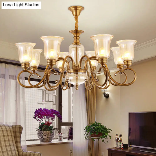 Farmhouse Chandelier Lamp: Bell Clear Glass Brass Suspension Lighting With Metal Arm - 3/6/8 Lights