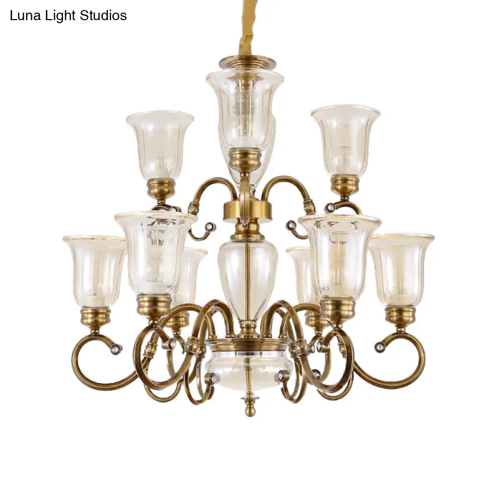 Farmhouse Chandelier Lamp: Bell Clear Glass Brass Suspension Lighting With Metal Arm - 3/6/8 Lights