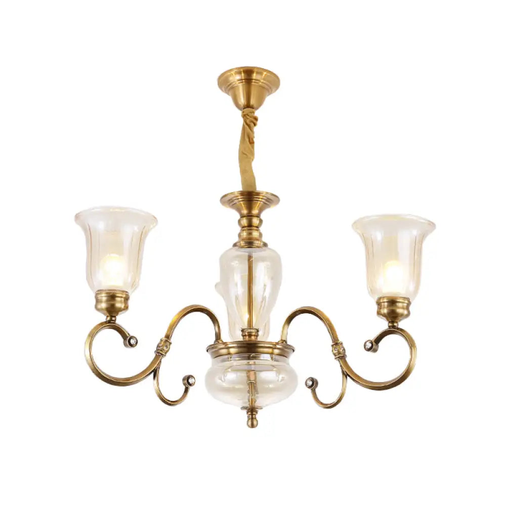 Farmhouse Chandelier Lamp: Bell Clear Glass Brass Suspension Lighting With Metal Arm - 3/6/8 Lights