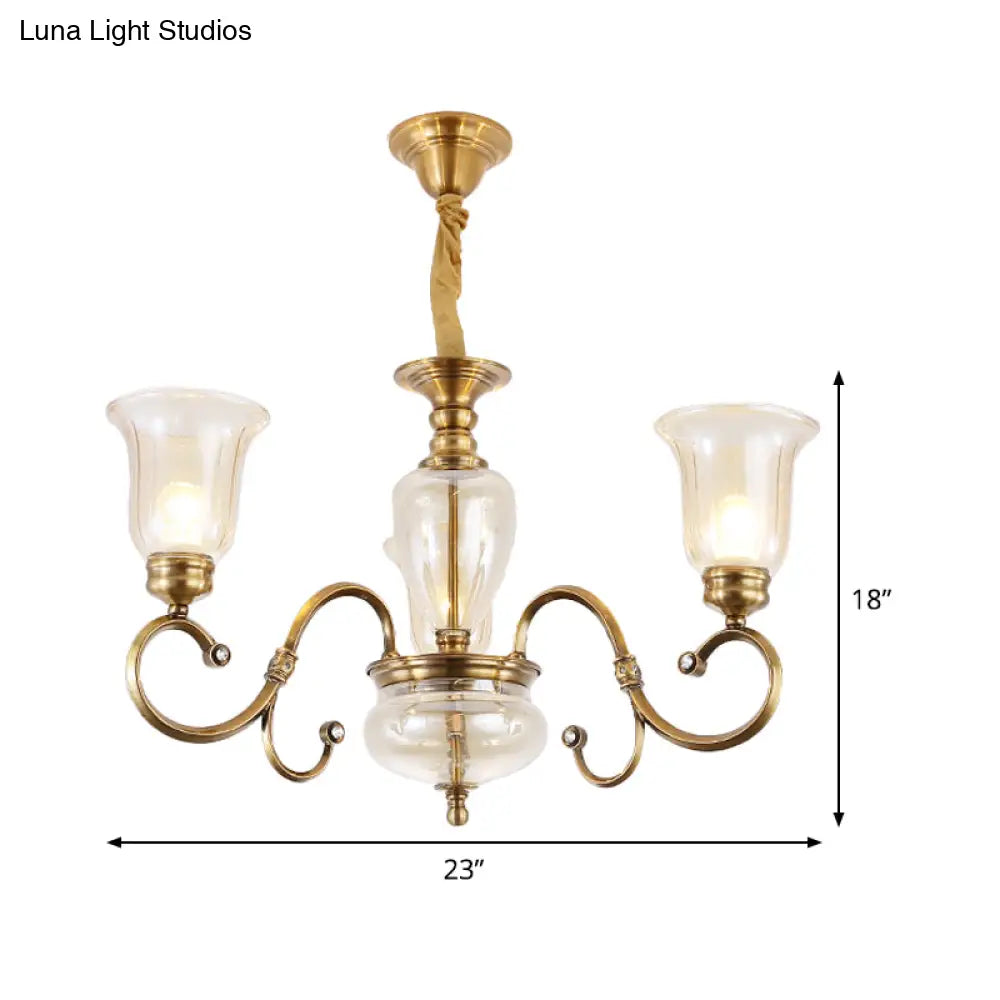 Farmhouse Chandelier Lamp: Bell Clear Glass Brass Suspension Lighting With Metal Arm - 3/6/8 Lights