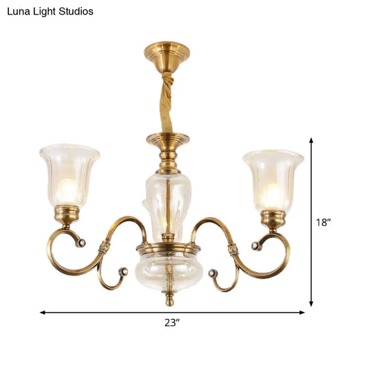 Farmhouse Chandelier Lamp: Bell Clear Glass Brass Suspension Lighting With Metal Arm - 3/6/8 Lights