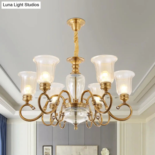 Farmhouse Chandelier Lamp: Bell Clear Glass Brass Suspension Lighting With Metal Arm - 3/6/8 Lights