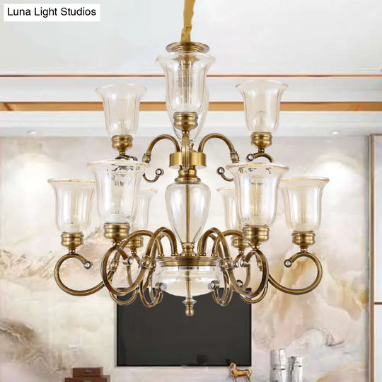 Farmhouse Chandelier Lamp: Bell Clear Glass Brass Suspension Lighting With Metal Arm - 3/6/8 Lights