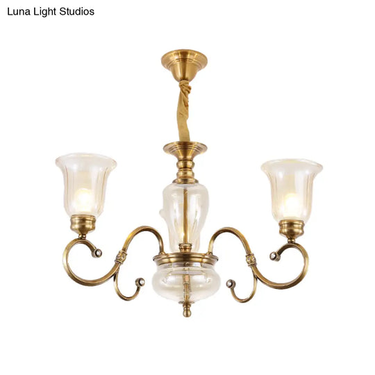 Farmhouse Chandelier Lamp: Bell Clear Glass Brass Suspension Lighting With Metal Arm - 3/6/8 Lights