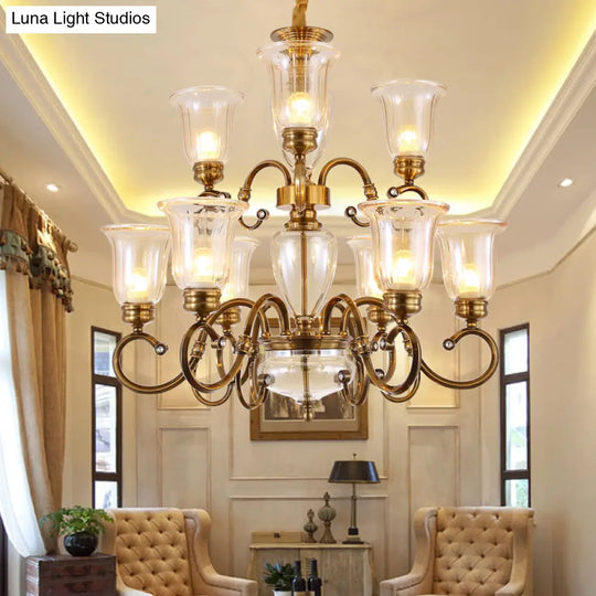 Farmhouse Chandelier Lamp: Bell Clear Glass Brass Suspension Lighting With Metal Arm - 3/6/8 Lights