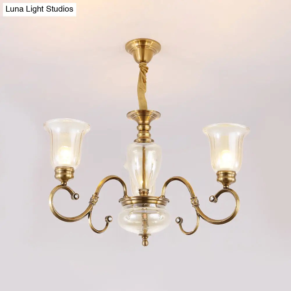 Farmhouse Chandelier Lamp: Bell Clear Glass Brass Suspension Lighting With Metal Arm - 3/6/8 Lights