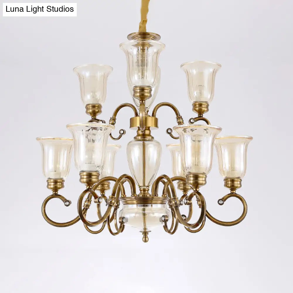 Farmhouse Chandelier Lamp: Bell Clear Glass Brass Suspension Lighting With Metal Arm - 3/6/8 Lights