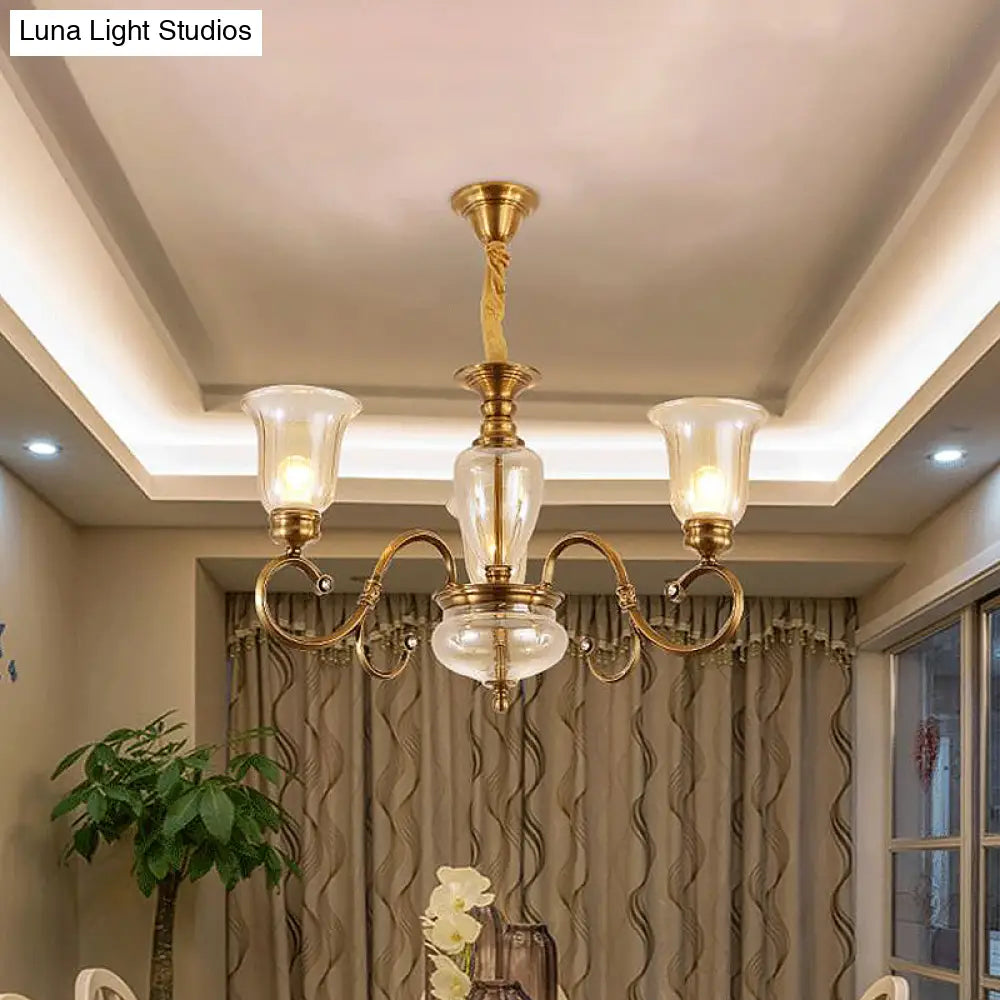 Farmhouse Chandelier Lamp: Bell Clear Glass Brass Suspension Lighting With Metal Arm - 3/6/8 Lights