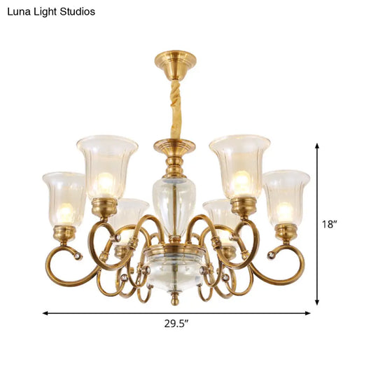 Farmhouse Chandelier Lamp: Bell Clear Glass Brass Suspension Lighting With Metal Arm - 3/6/8 Lights