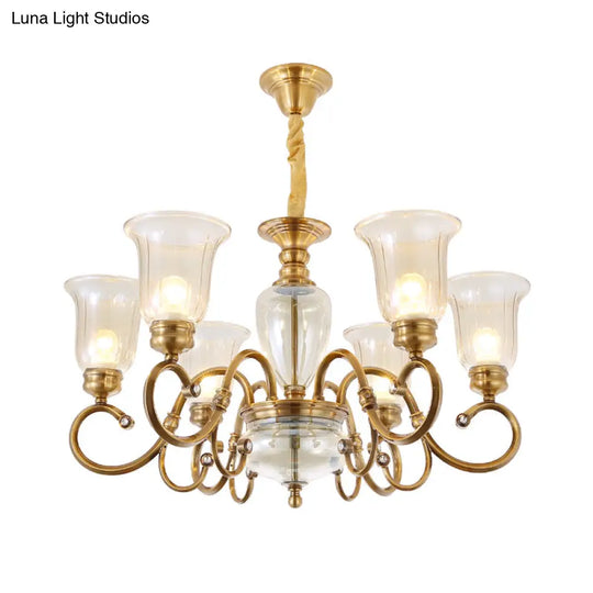 Farmhouse Chandelier Lamp: Bell Clear Glass Brass Suspension Lighting With Metal Arm - 3/6/8 Lights