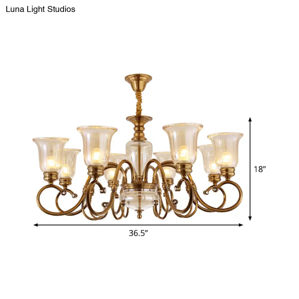 Farmhouse Chandelier Lamp: Bell Clear Glass Brass Suspension Lighting With Metal Arm - 3/6/8 Lights