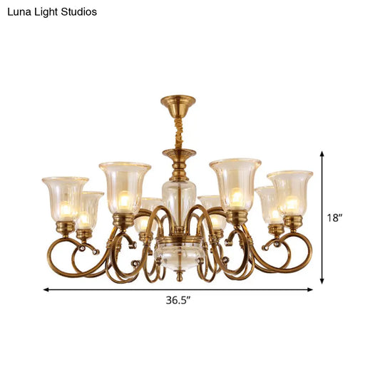 Farmhouse Chandelier Lamp: Bell Clear Glass Brass Suspension Lighting With Metal Arm - 3/6/8 Lights