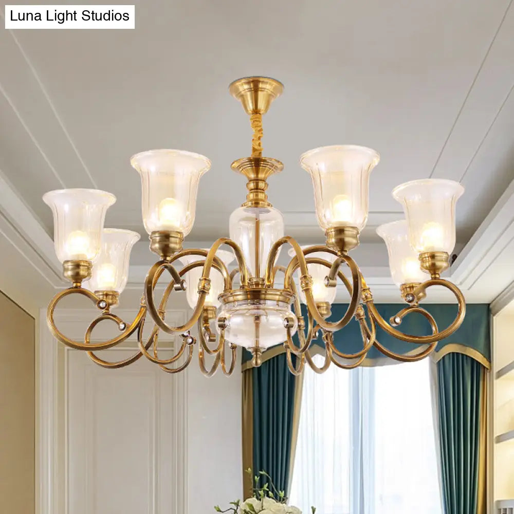 Farmhouse Chandelier Lamp: Bell Clear Glass Brass Suspension Lighting With Metal Arm - 3/6/8 Lights