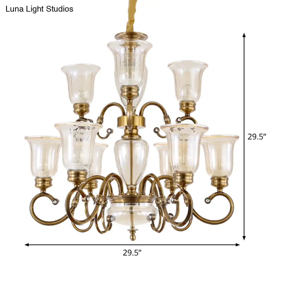 Farmhouse Chandelier Lamp: Bell Clear Glass Brass Suspension Lighting With Metal Arm - 3/6/8 Lights