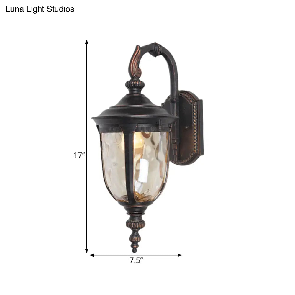 Farmhouse Clear Dimple Glass Wall Lamp - 1 Light Courtyard Lighting In Black With Curved Arm