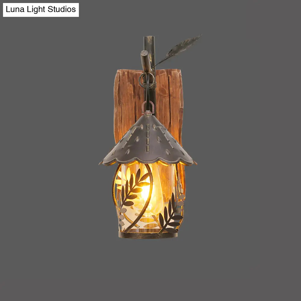 Farmhouse Clear Glass Wall Mounted Leaf Light With Wood Backplate - Brown