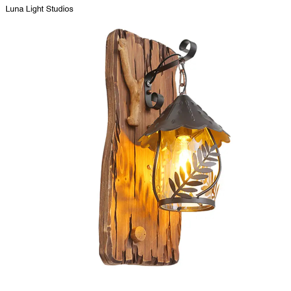 Farmhouse Clear Glass Wall Mounted Leaf Light With Wood Backplate - Brown