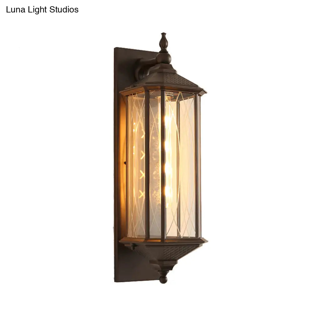 Farmhouse Coffee/Bronze Sconce Light With Clear Textured Glass - Rectangular Wall Lamp